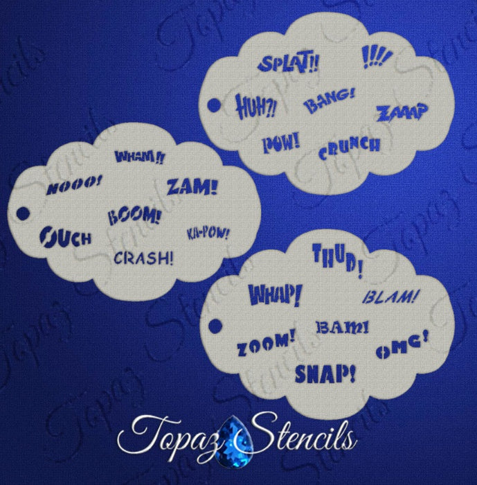 Topaz Stencils | Face Painting Stencil - Comic Book Action Words 3pc Set -  (01779)