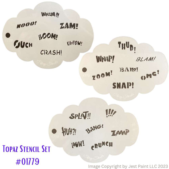 Topaz Stencils | Face Painting Stencil - Comic Book Action Words 3pc Set -  (01779)
