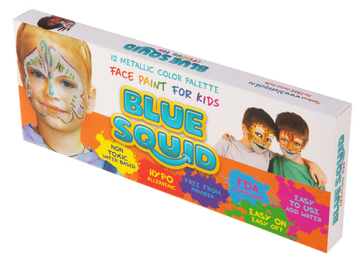 Blue Squid | KID'S Face Paint - 12 Color Metallic Face Painting Kit (12 X 10ml) + 3 Bonus Brushes