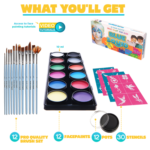 Blue Squid | KID'S Face Paint - 12 Color Classic Kit (12 X 10ml) + Art Brush Set