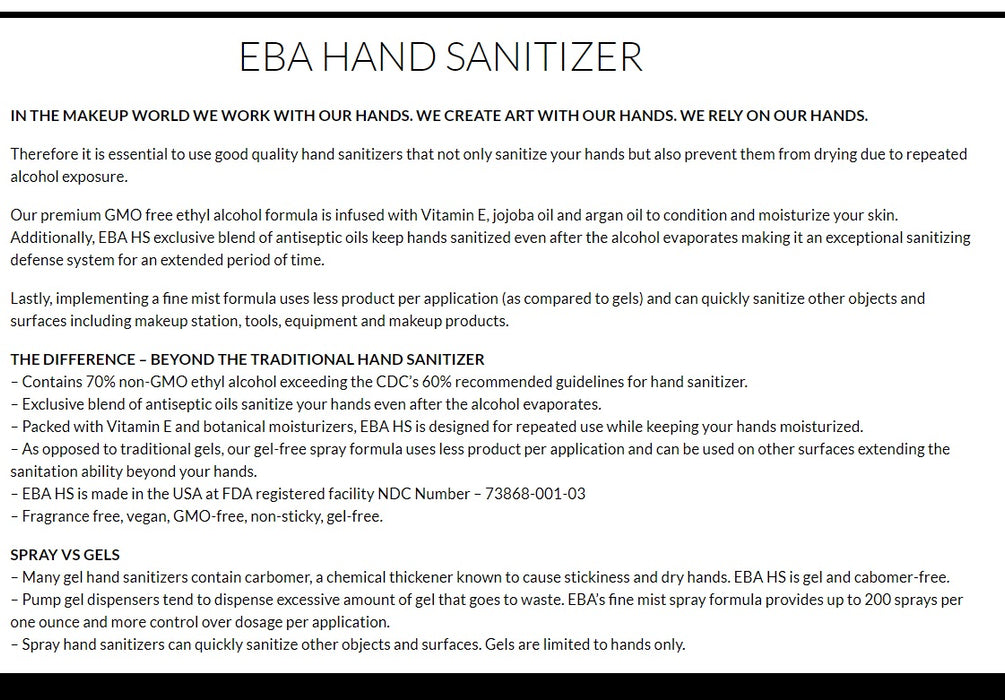 EBA Performance Makeup |  VOLT Hand Makeup Sanitizer Spray 16oz (For Hands, Kits and Makeup)