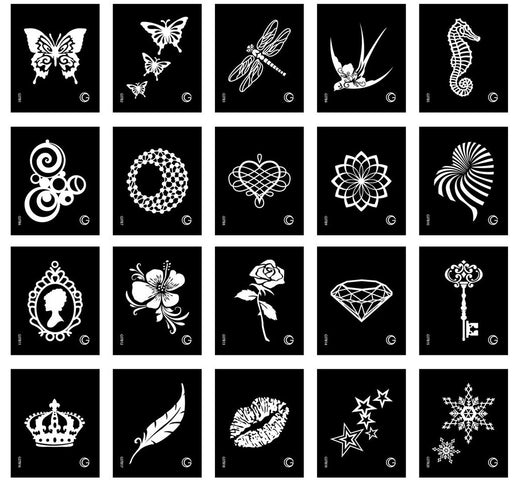 Glimmer Body Art |  High Definition Glitter / INK Tattoo Stencils - Small HD STENCIL SET - 80 Stencils