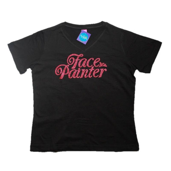 Face Painter Black T-Shirt with Rose Pink Glitter Print  - Medium (V-neck) - DISCONTINUE