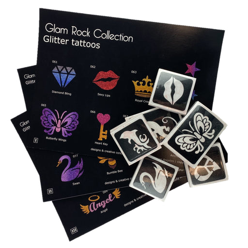 GLIMMER BODY ART | 150 Glitter Tattoo Stencils with 3 Design Sheets - GLAM ROCK SET